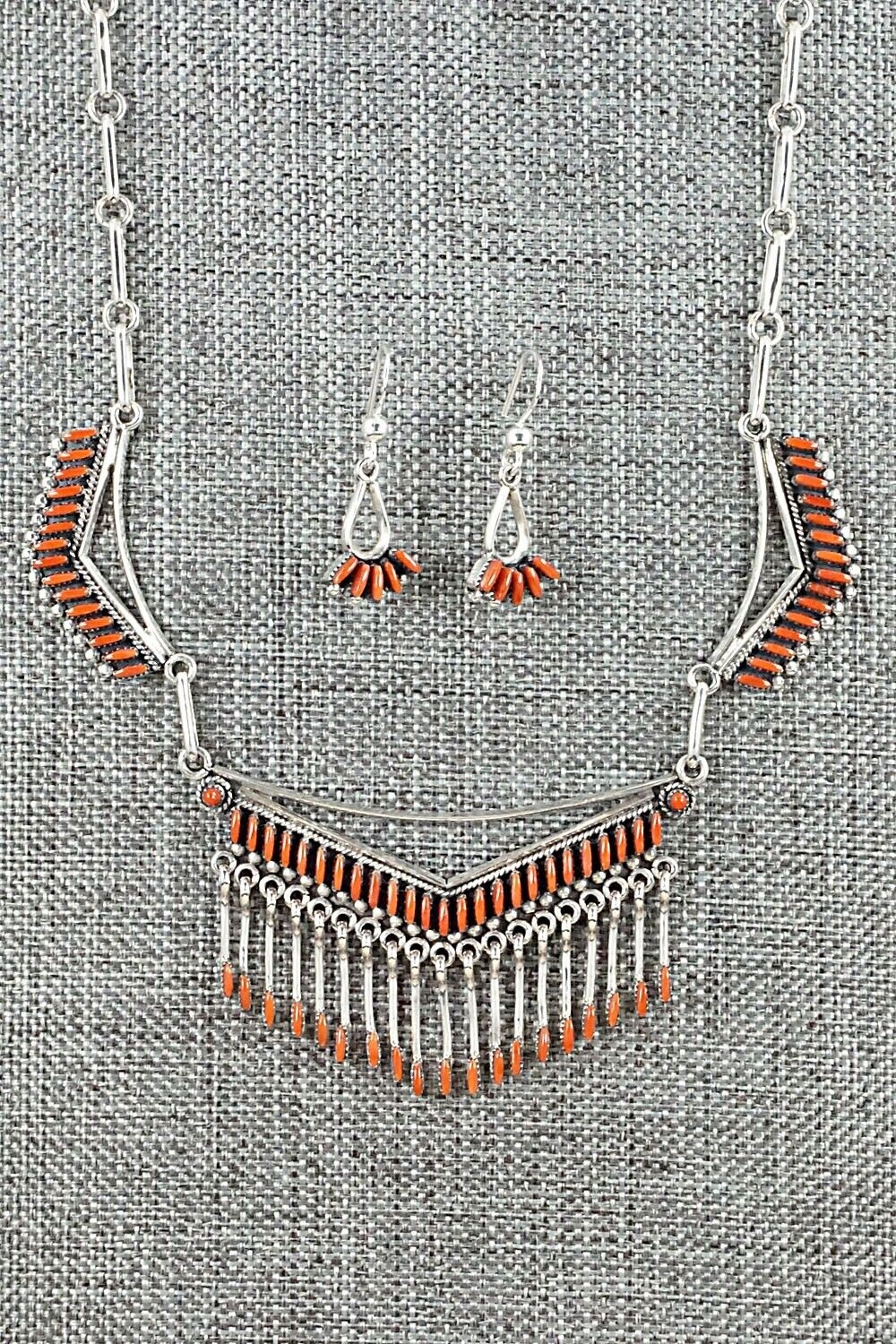 Coral & Sterling Silver Necklace and Earrings Set - Mildred Ukestine - Image 11