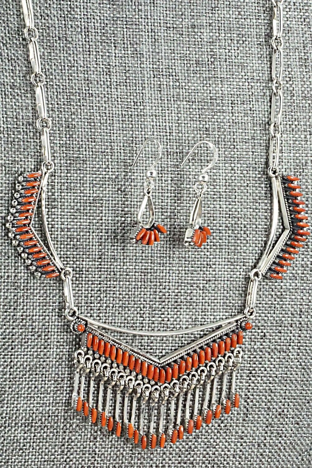 Coral & Sterling Silver Necklace and Earrings Set - Mildred Ukestine - Image 3