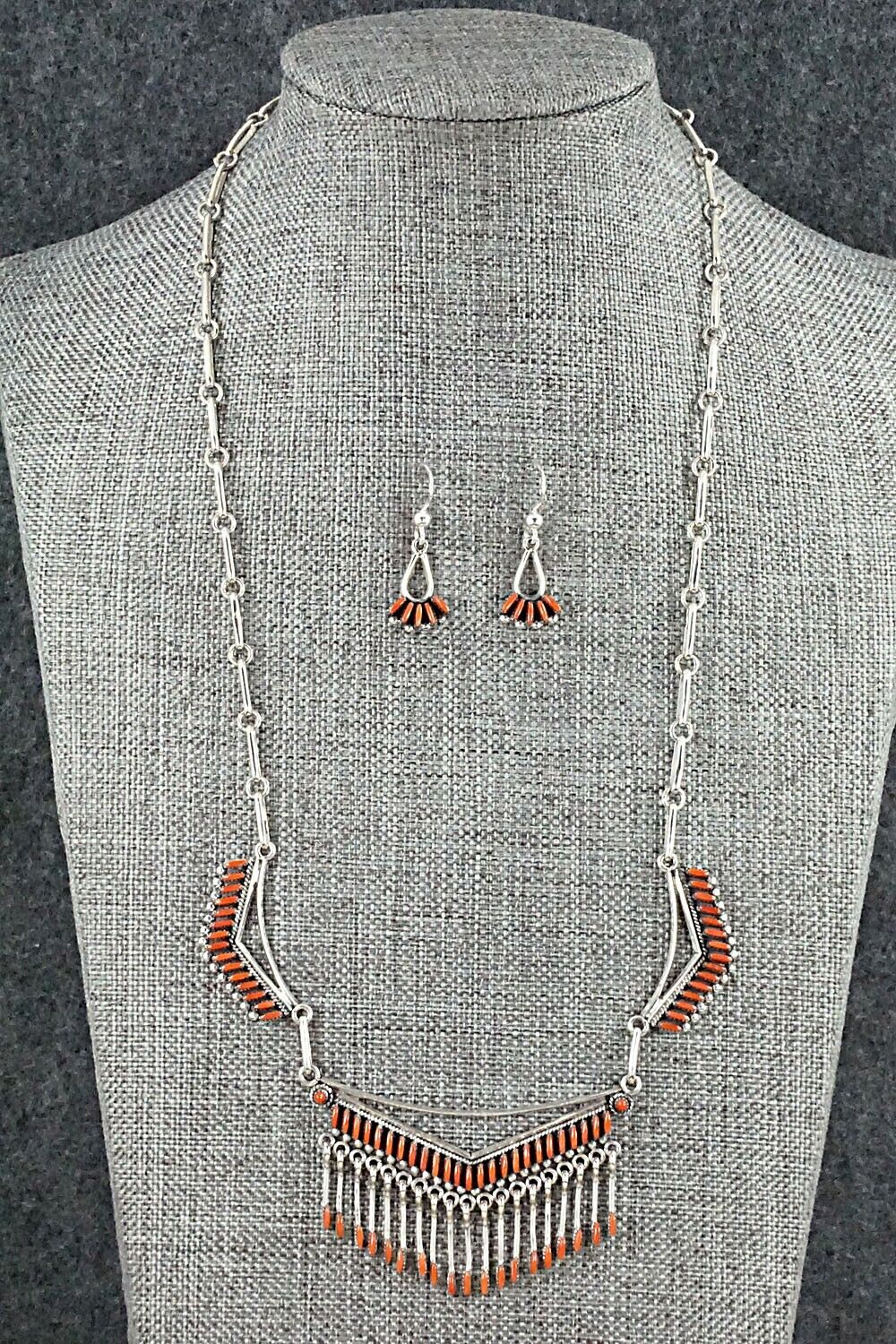 Coral & Sterling Silver Necklace and Earrings Set - Mildred Ukestine - Image 4