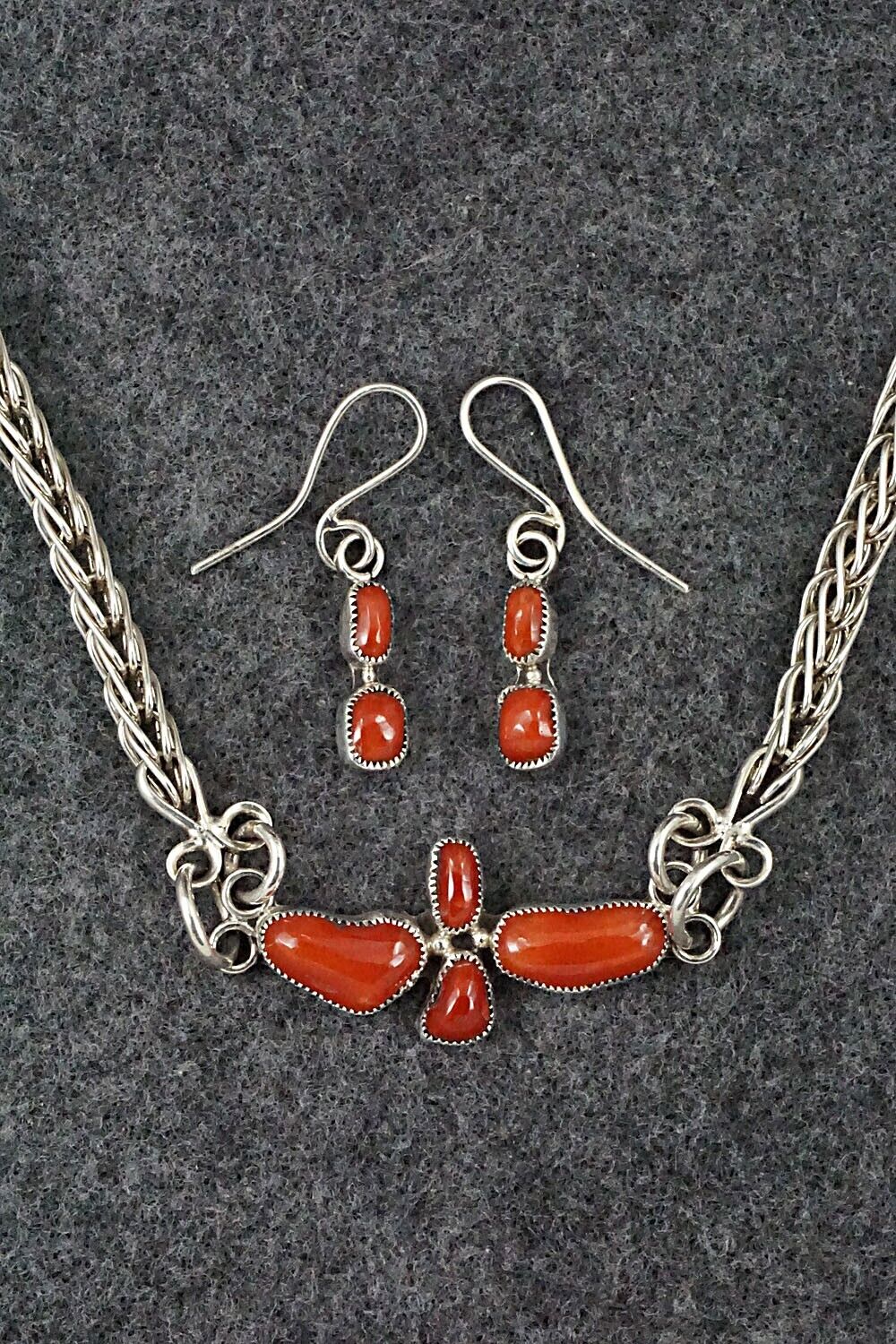 Coral & Sterling Silver Necklace and Earrings Set - Smokey Gchachu - Image 3