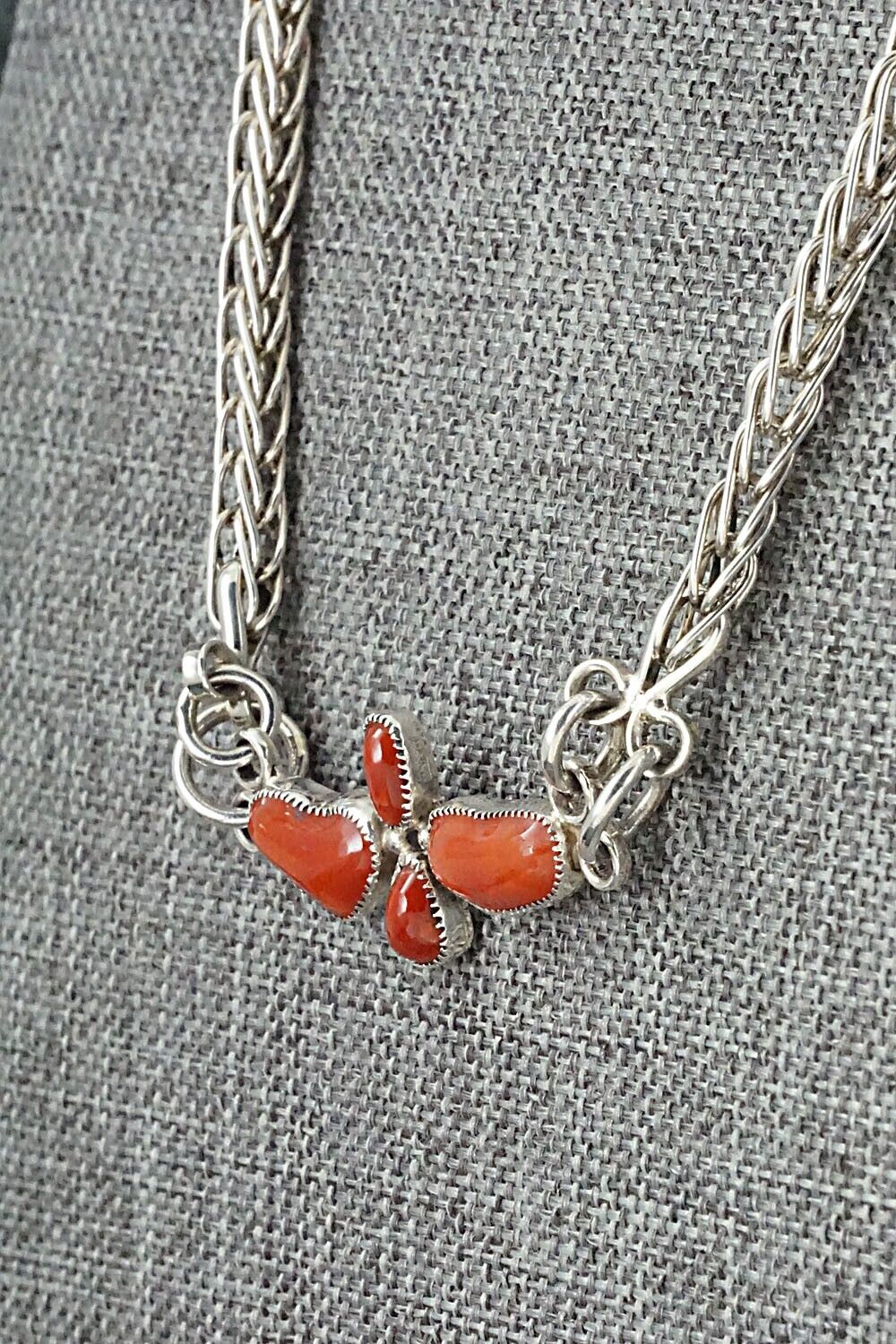 Coral & Sterling Silver Necklace and Earrings Set - Smokey Gchachu - Image 4