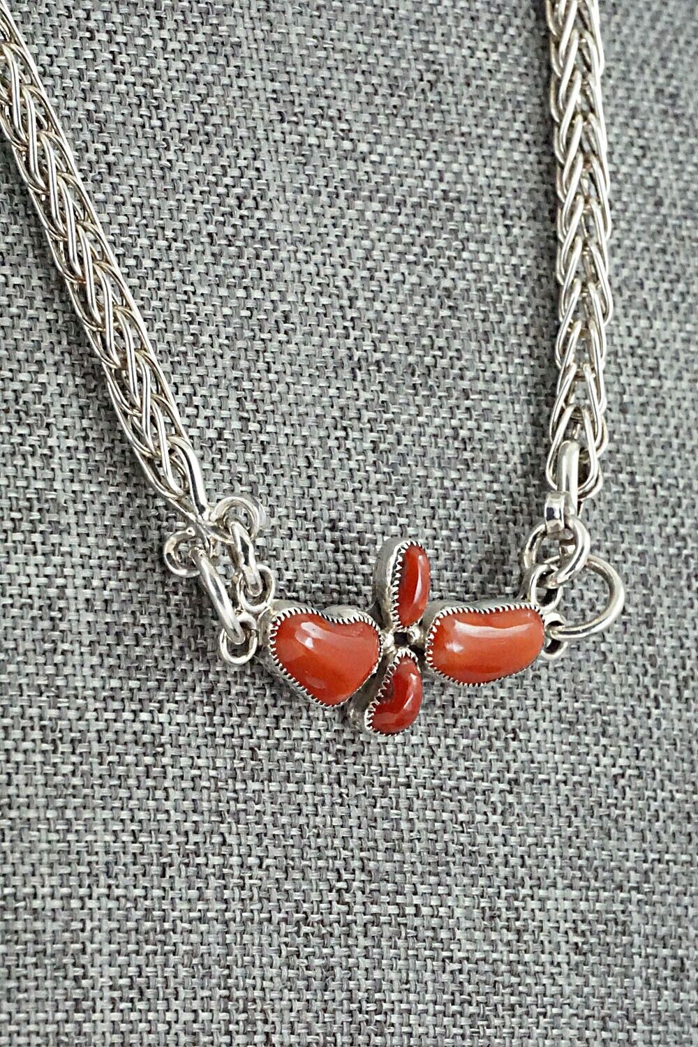 Coral & Sterling Silver Necklace and Earrings Set - Smokey Gchachu - Image 5