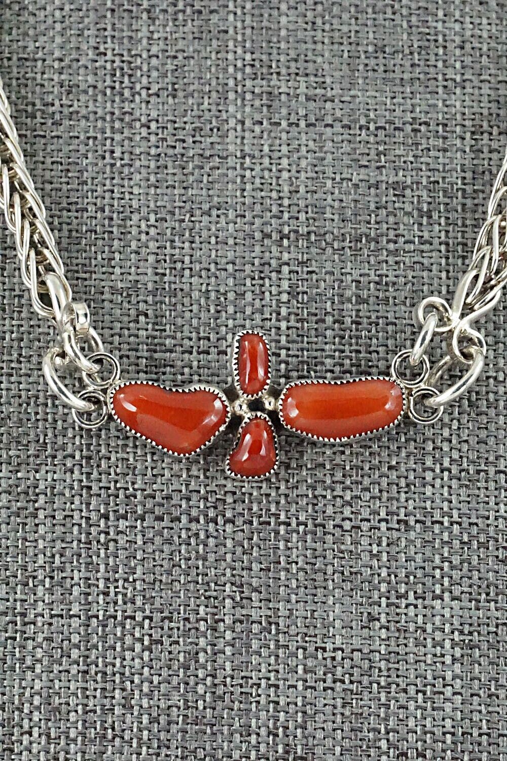 Coral & Sterling Silver Necklace and Earrings Set - Smokey Gchachu - Image 6