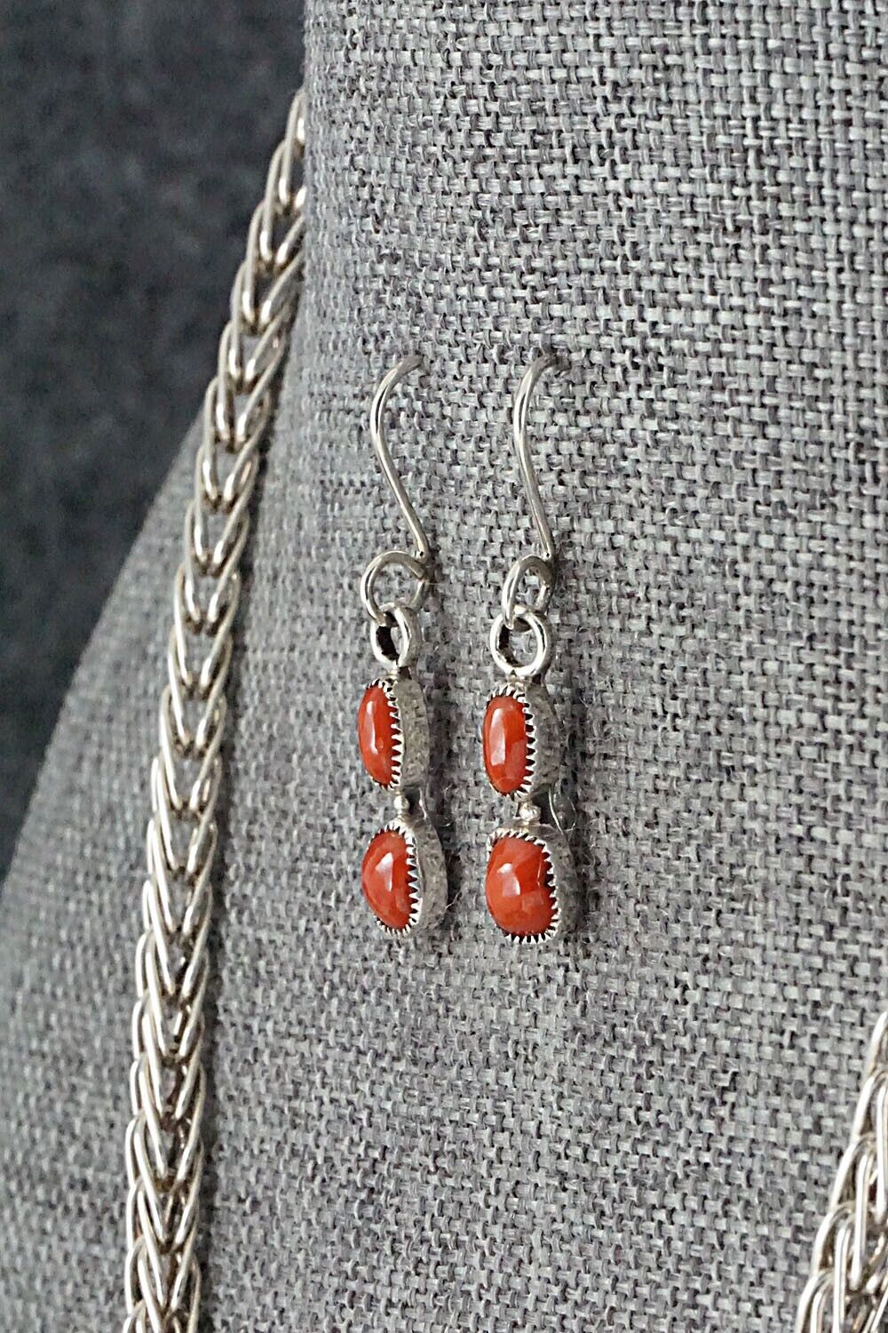 Coral & Sterling Silver Necklace and Earrings Set - Smokey Gchachu - Image 8