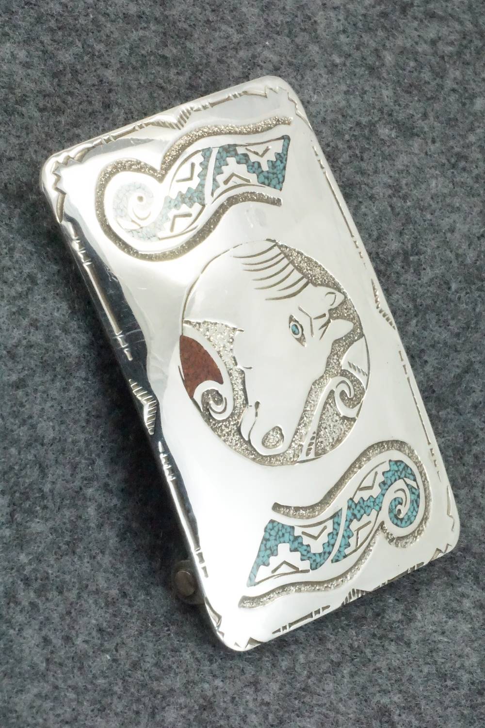 Turquoise, Coral and Sterling Silver Belt Buckle - Raymond Begay - Image 3