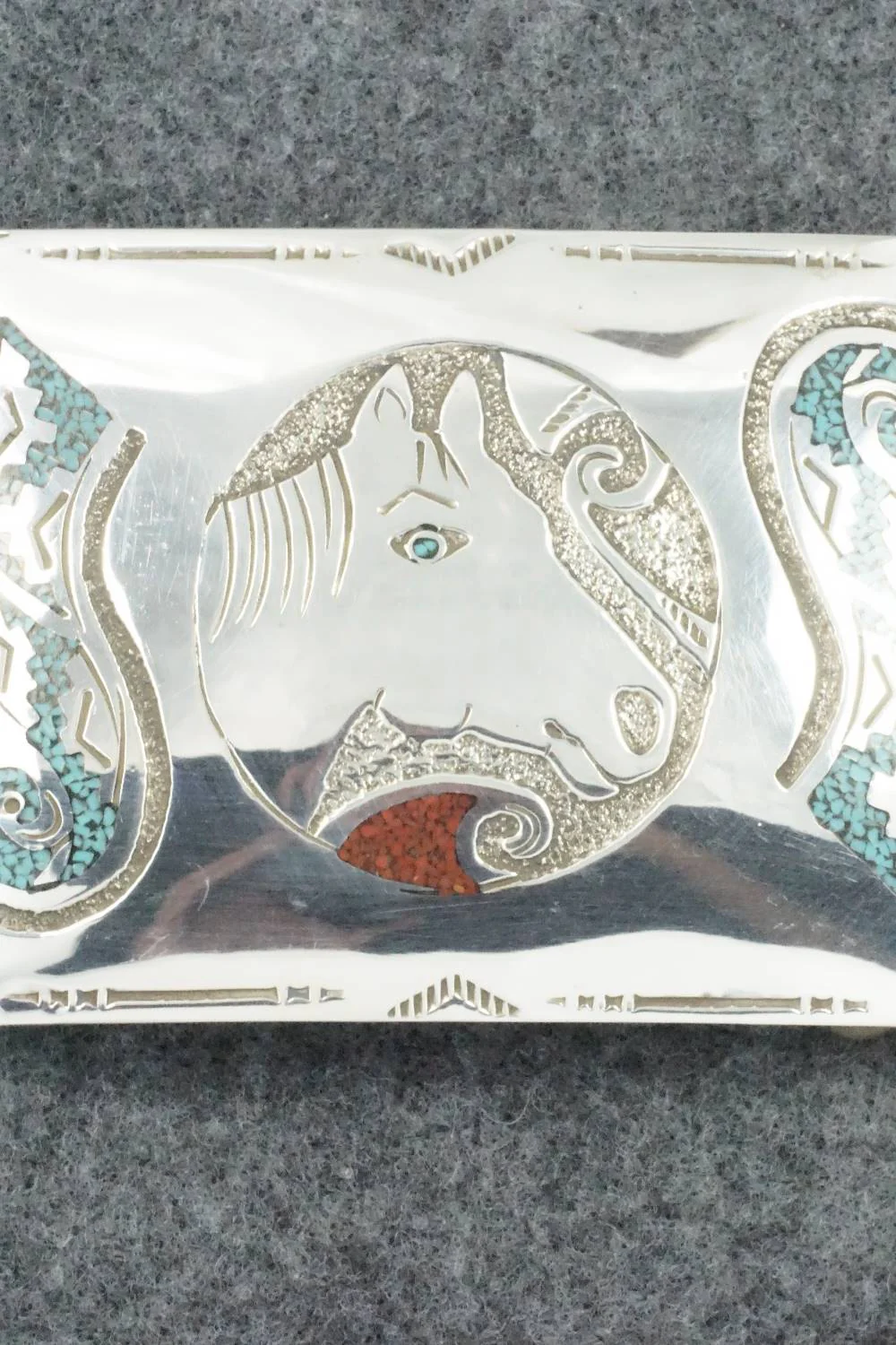 Turquoise, Coral and Sterling Silver Belt Buckle - Raymond Begay - Image 4