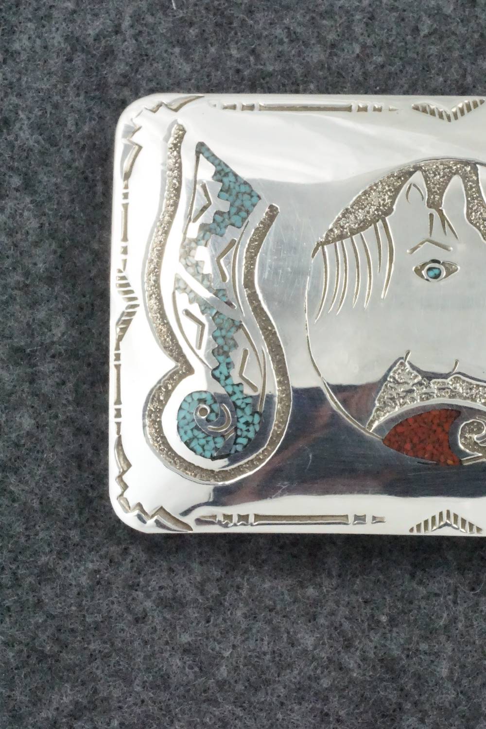 Turquoise, Coral and Sterling Silver Belt Buckle - Raymond Begay - Image 5