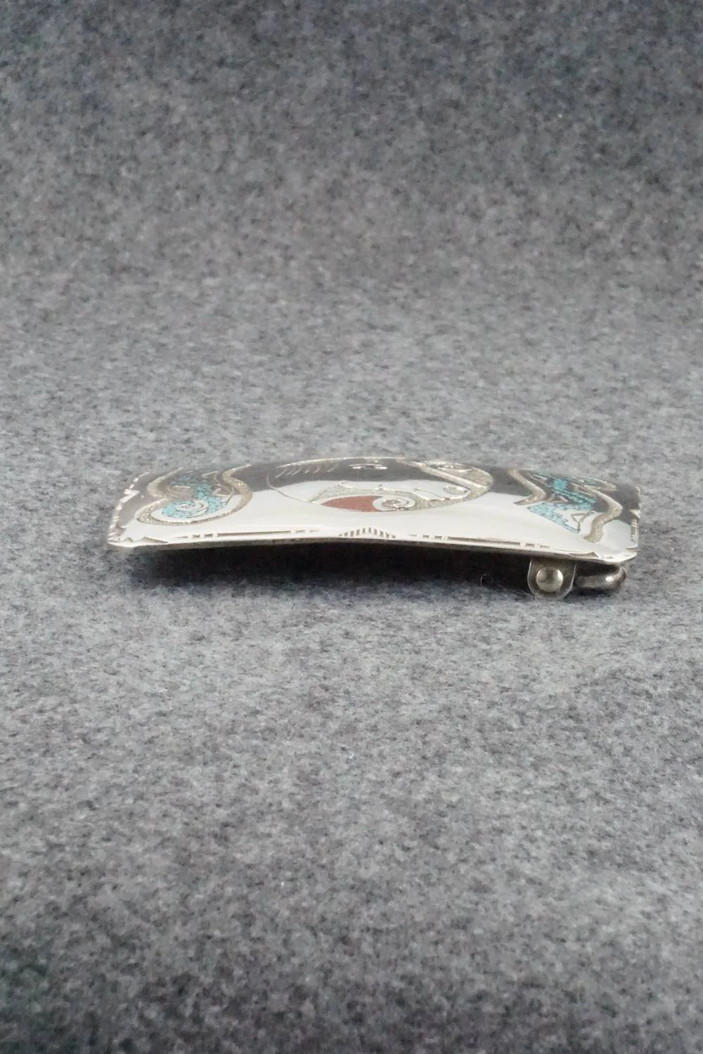 Turquoise, Coral and Sterling Silver Belt Buckle - Raymond Begay - Image 7