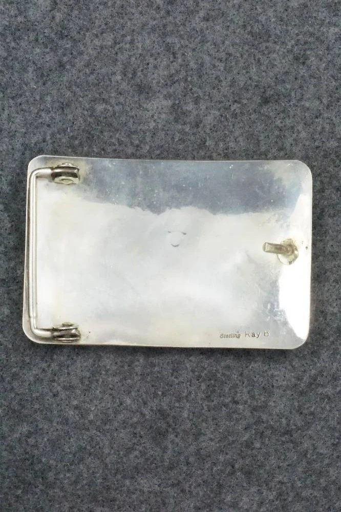 Turquoise, Coral and Sterling Silver Belt Buckle - Raymond Begay - Image 9