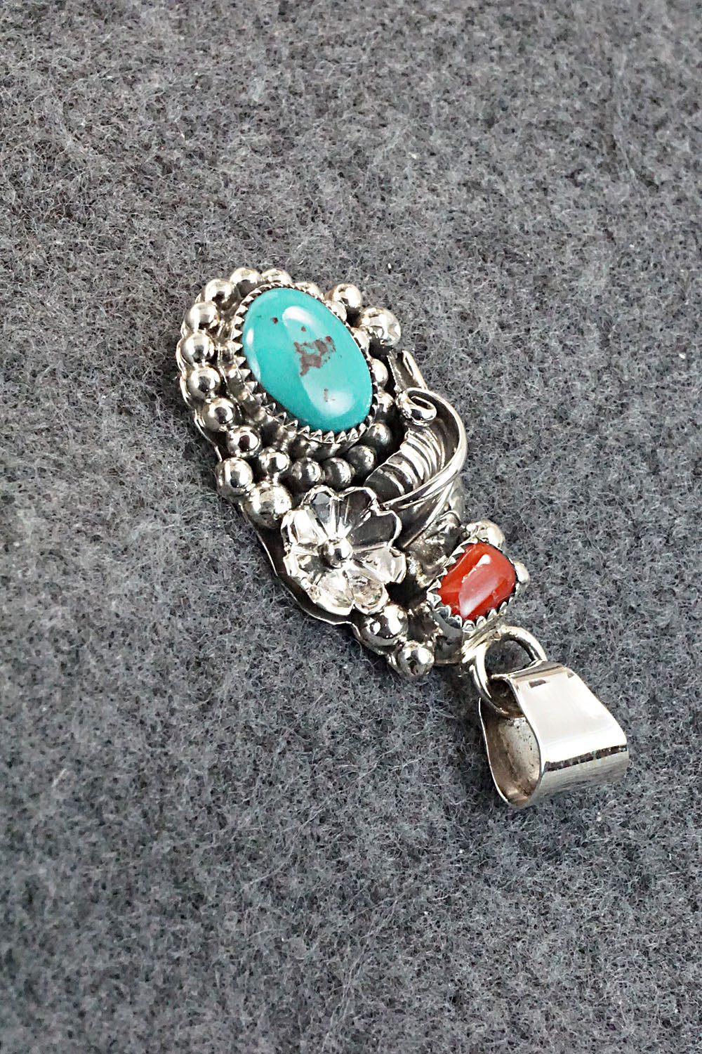 Turquoise, Coral and Sterling Silver Pendant - Sandra Parkett - Image 3