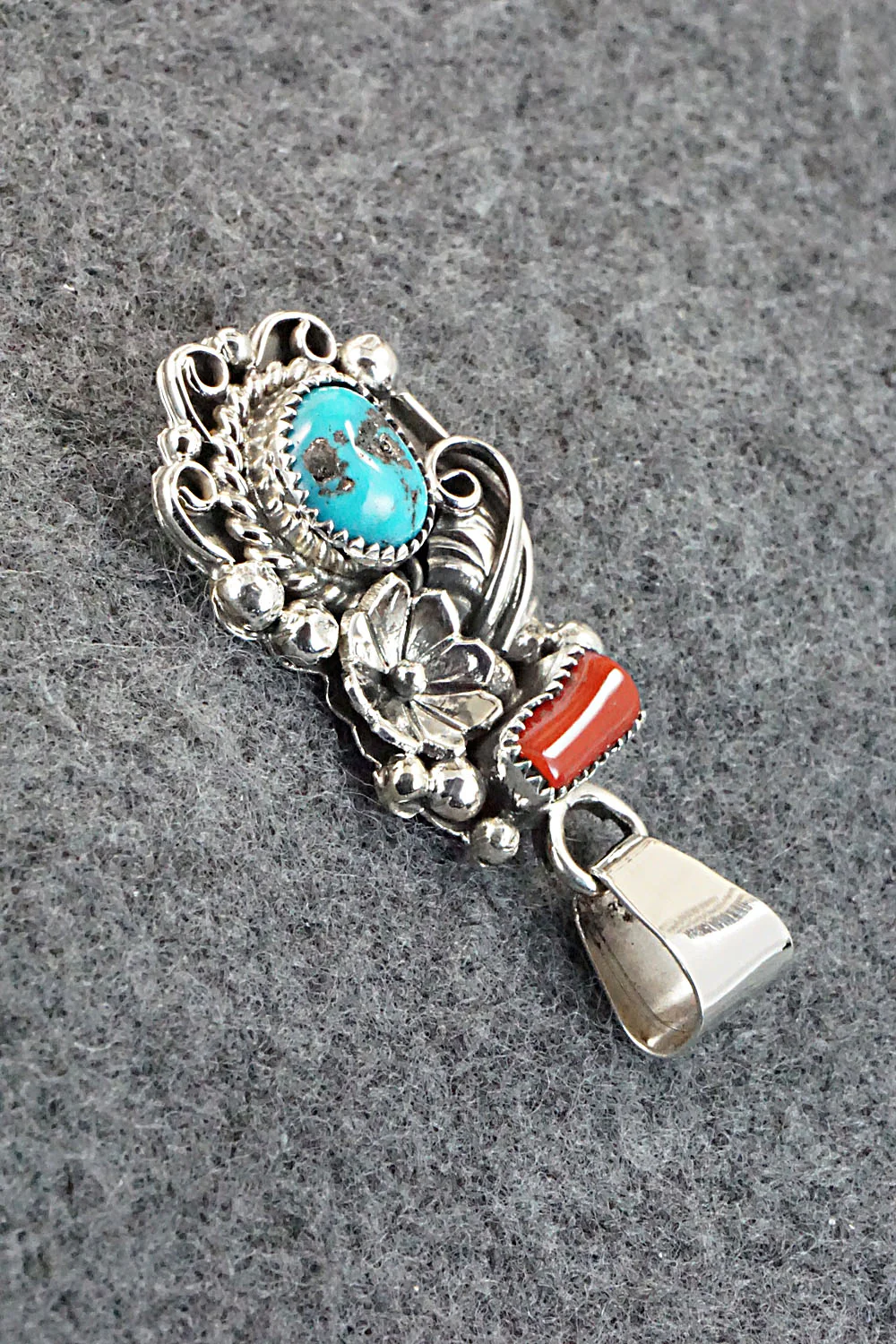 Turquoise, Coral and Sterling Silver Pendant - Sandra Parkett - Image 3