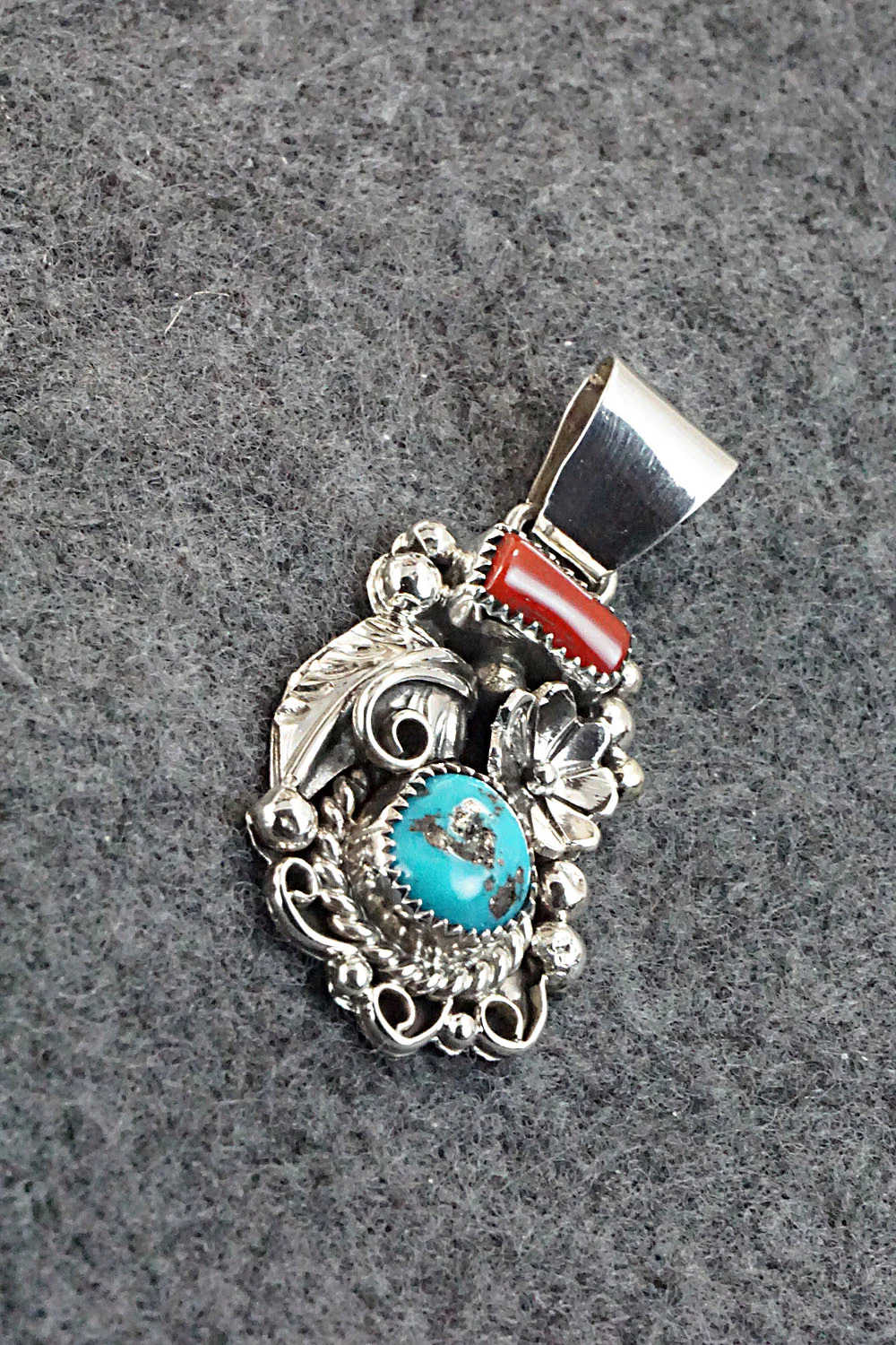 Turquoise, Coral and Sterling Silver Pendant - Sandra Parkett - Image 4