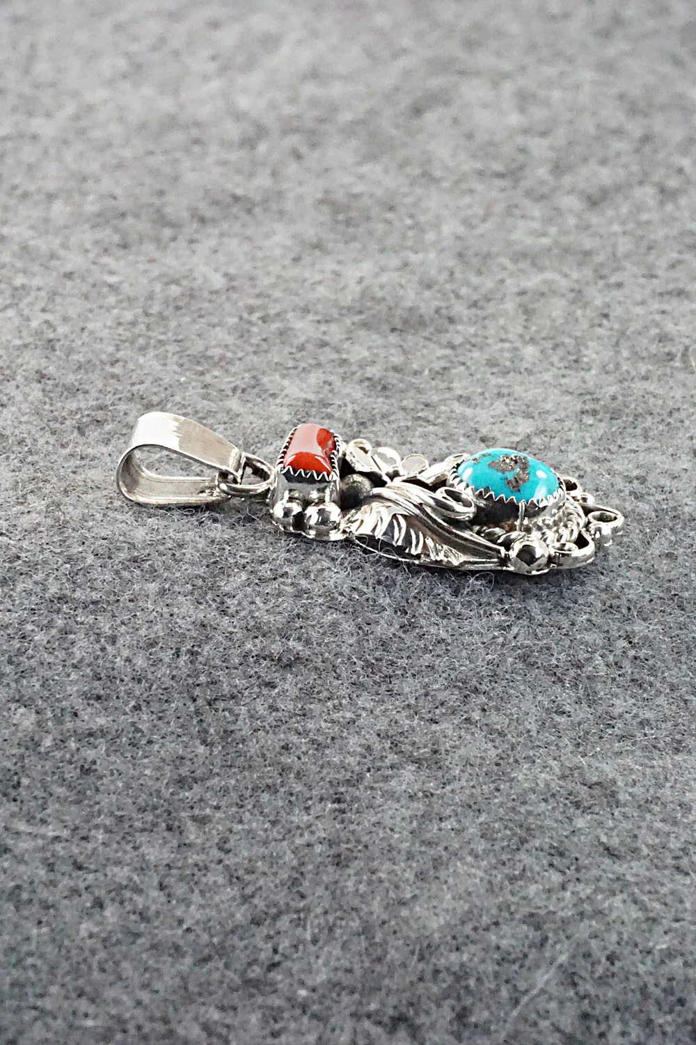 Turquoise, Coral and Sterling Silver Pendant - Sandra Parkett - Image 6