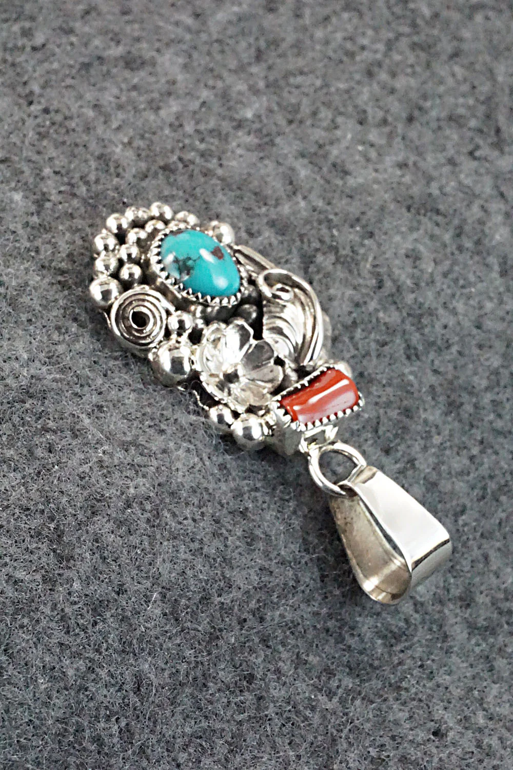 Turquoise, Coral and Sterling Silver Pendant - Sandra Parkett - Image 3