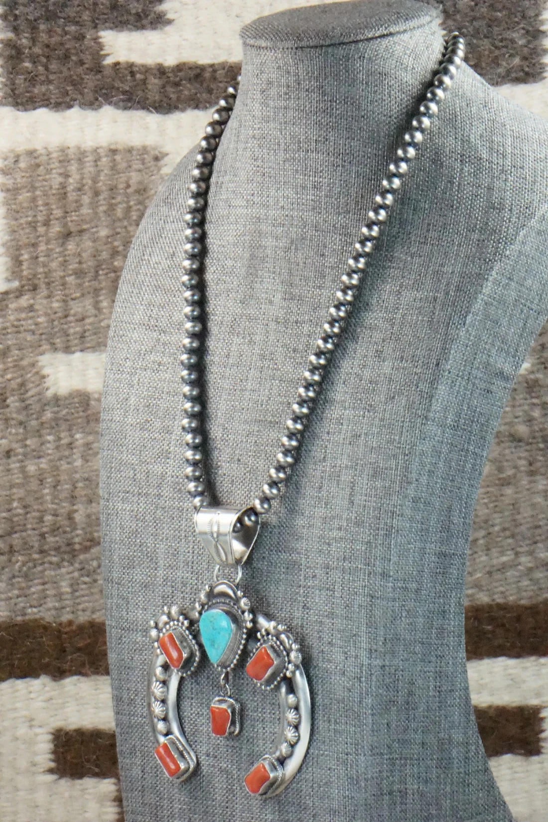 Turquoise, Coral Pendant & Sterling Silver Necklace - Tom Lewis - Image 3