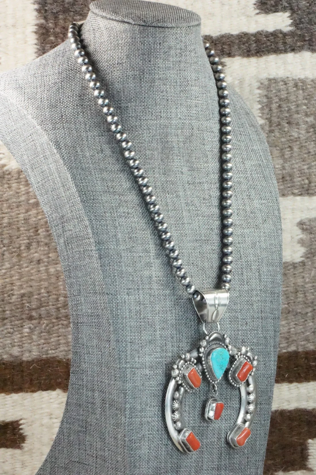 Turquoise, Coral Pendant & Sterling Silver Necklace - Tom Lewis - Image 4
