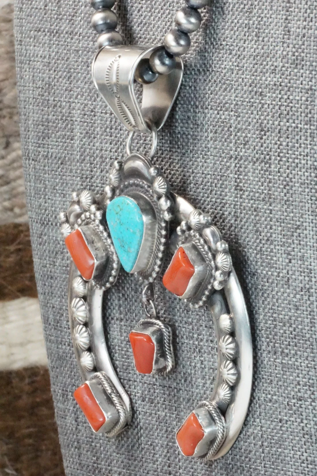 Turquoise, Coral Pendant & Sterling Silver Necklace - Tom Lewis - Image 5