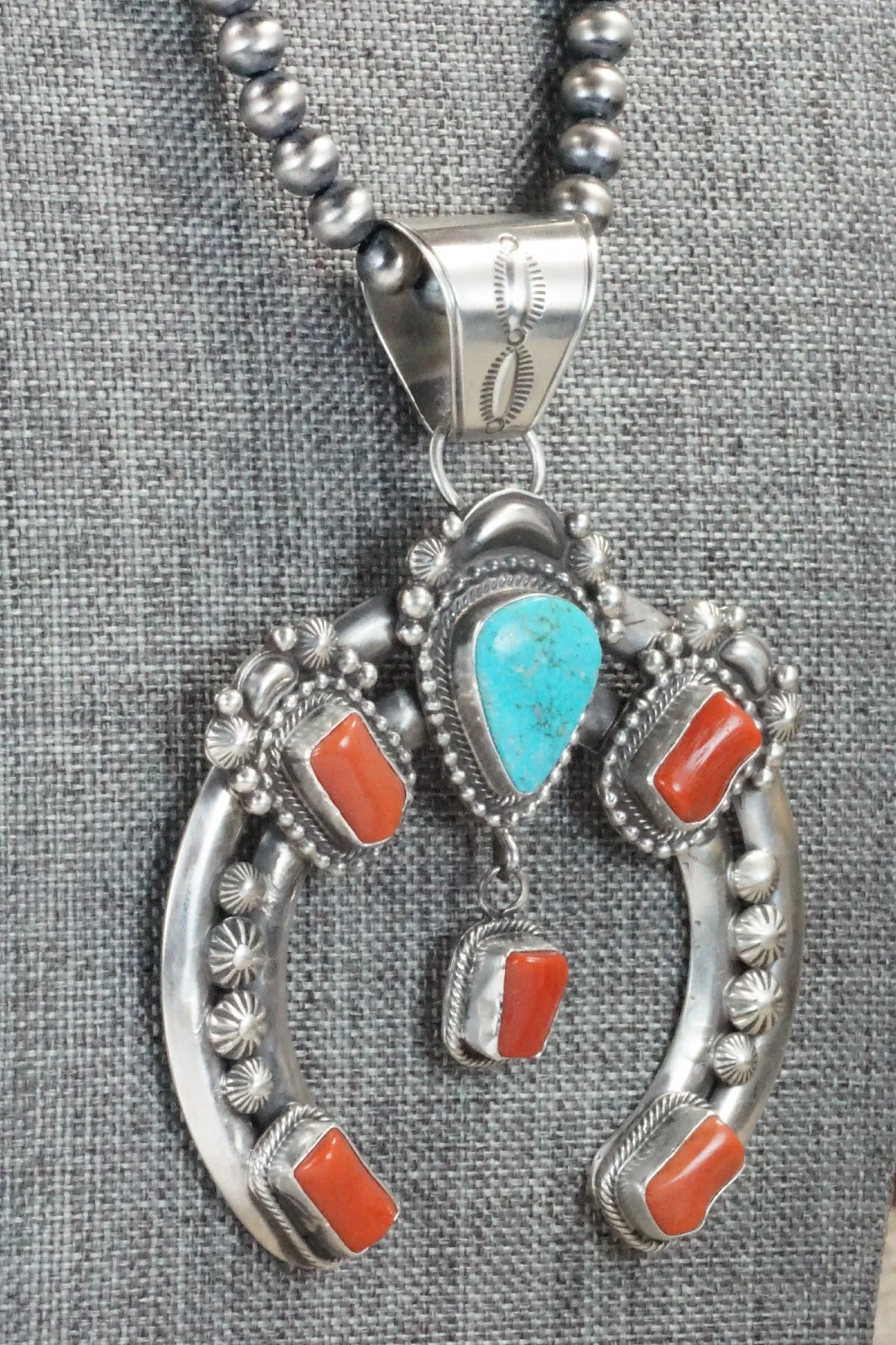 Turquoise, Coral Pendant & Sterling Silver Necklace - Tom Lewis - Image 6