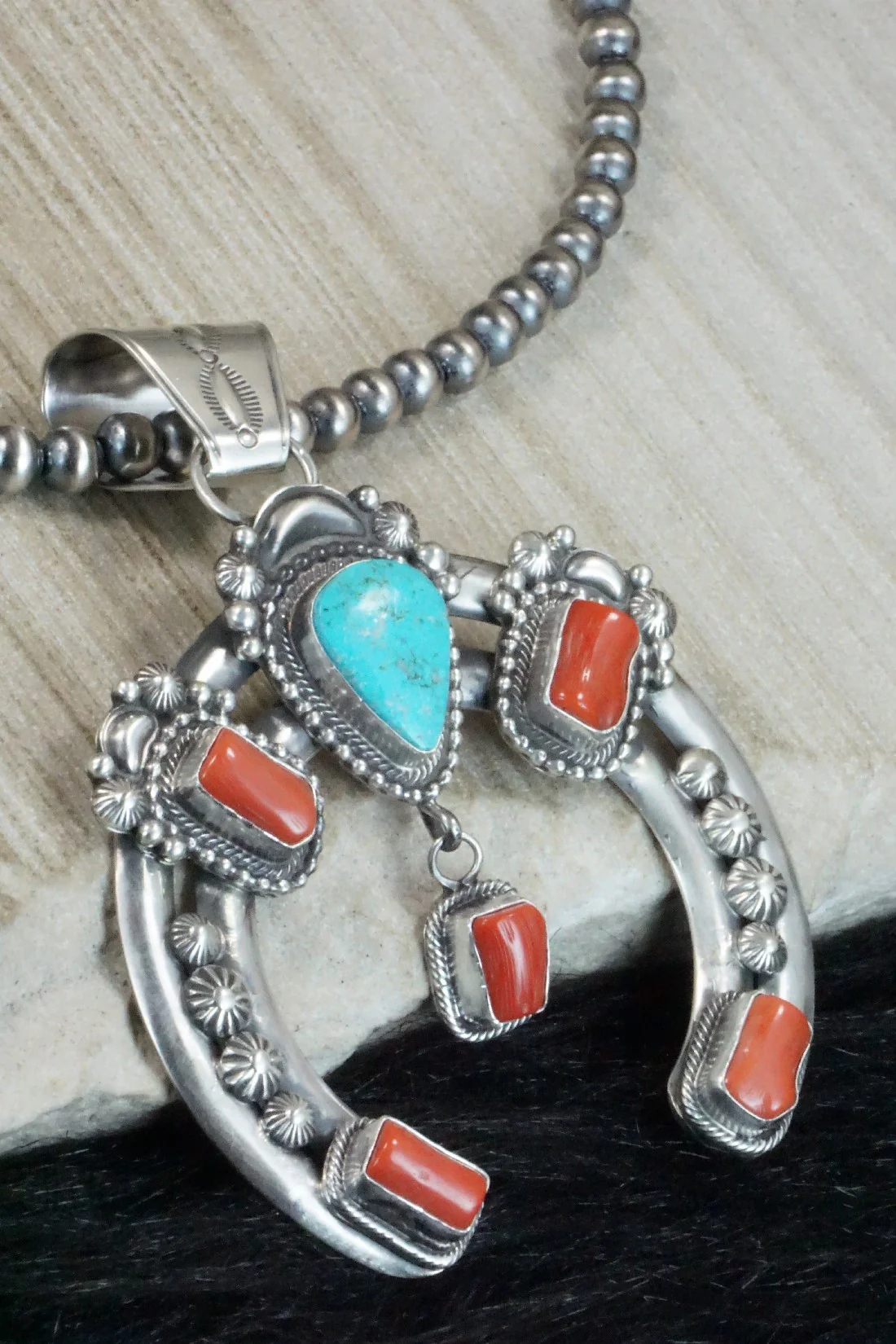Turquoise, Coral Pendant & Sterling Silver Necklace - Tom Lewis - Image 9