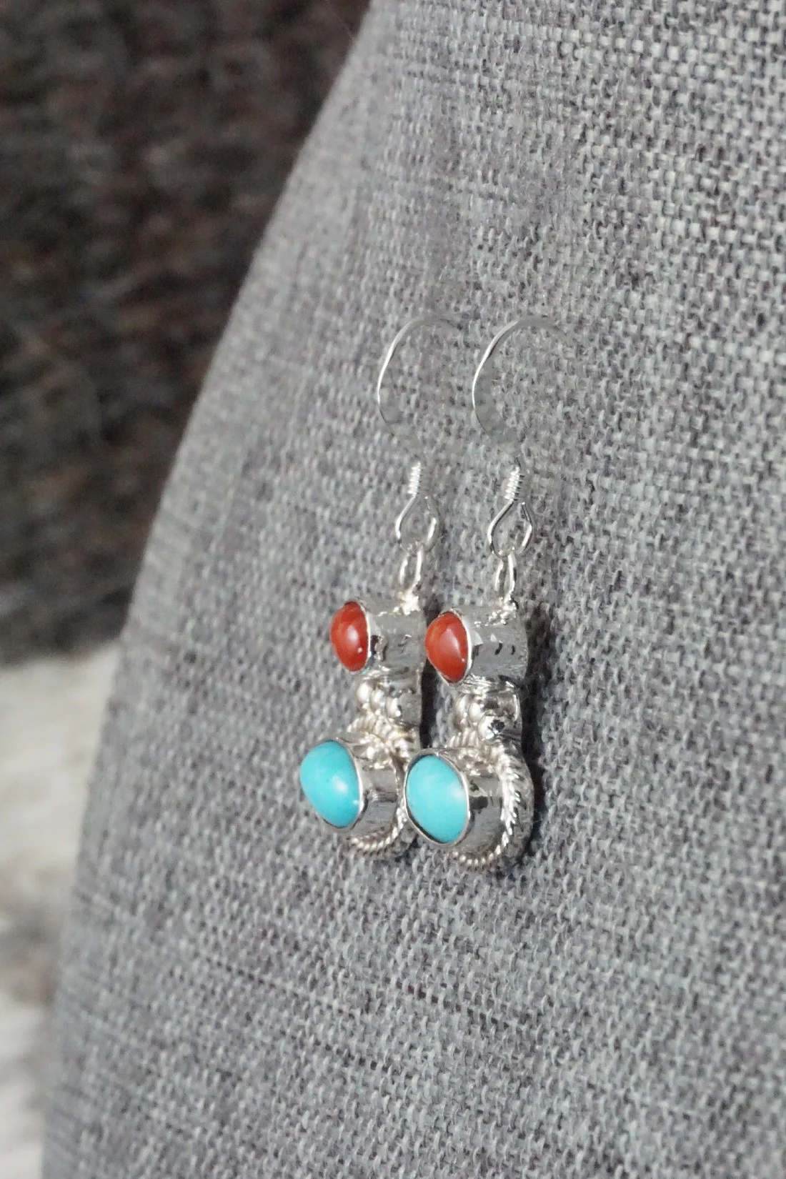 Turquoise, Coral & Sterling Silver Earrings - Annie Spencer - Image 3