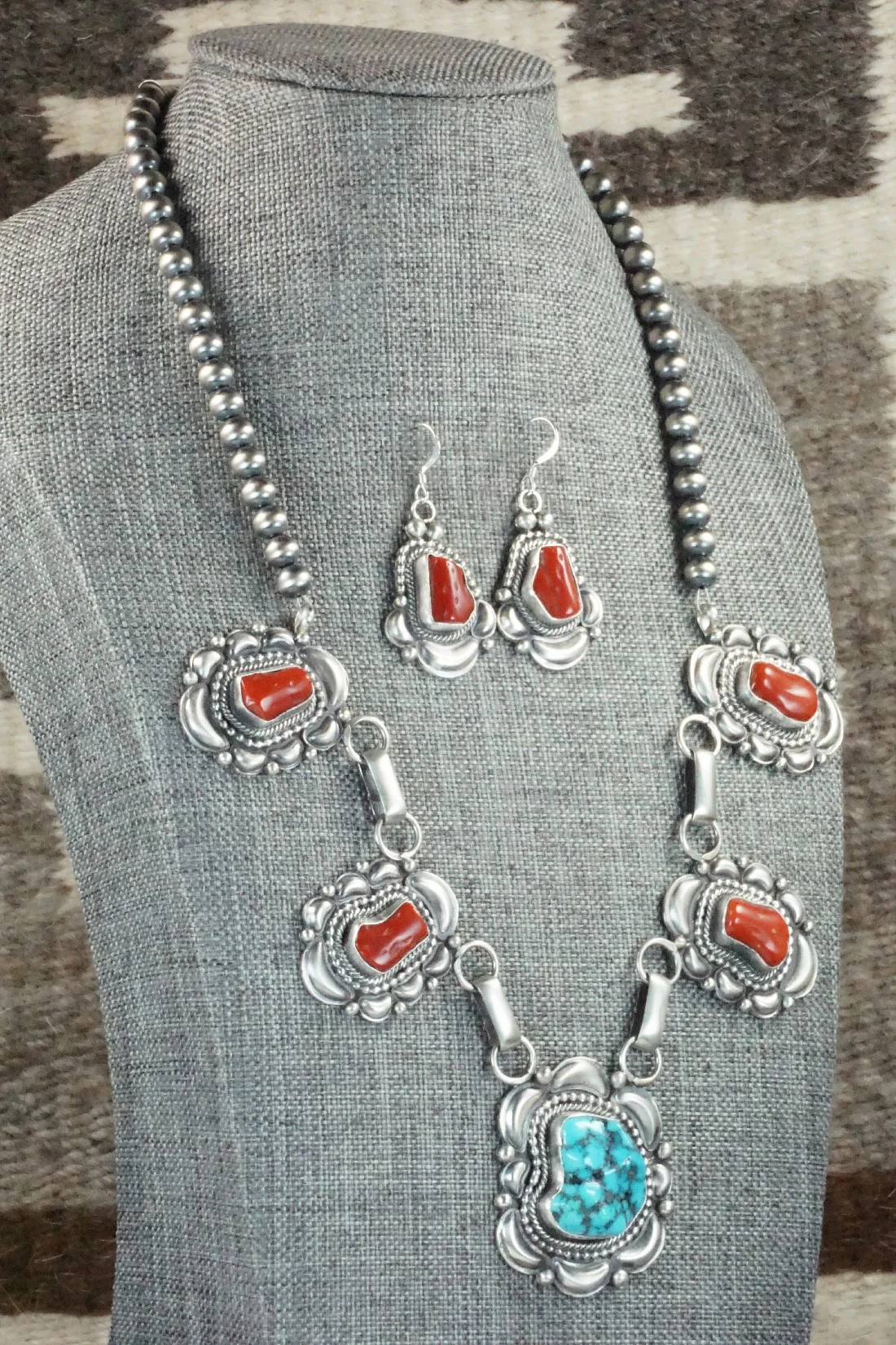Turquoise, Coral & Sterling Silver Necklace and Earrings Set - Tom Lewis - Image 3