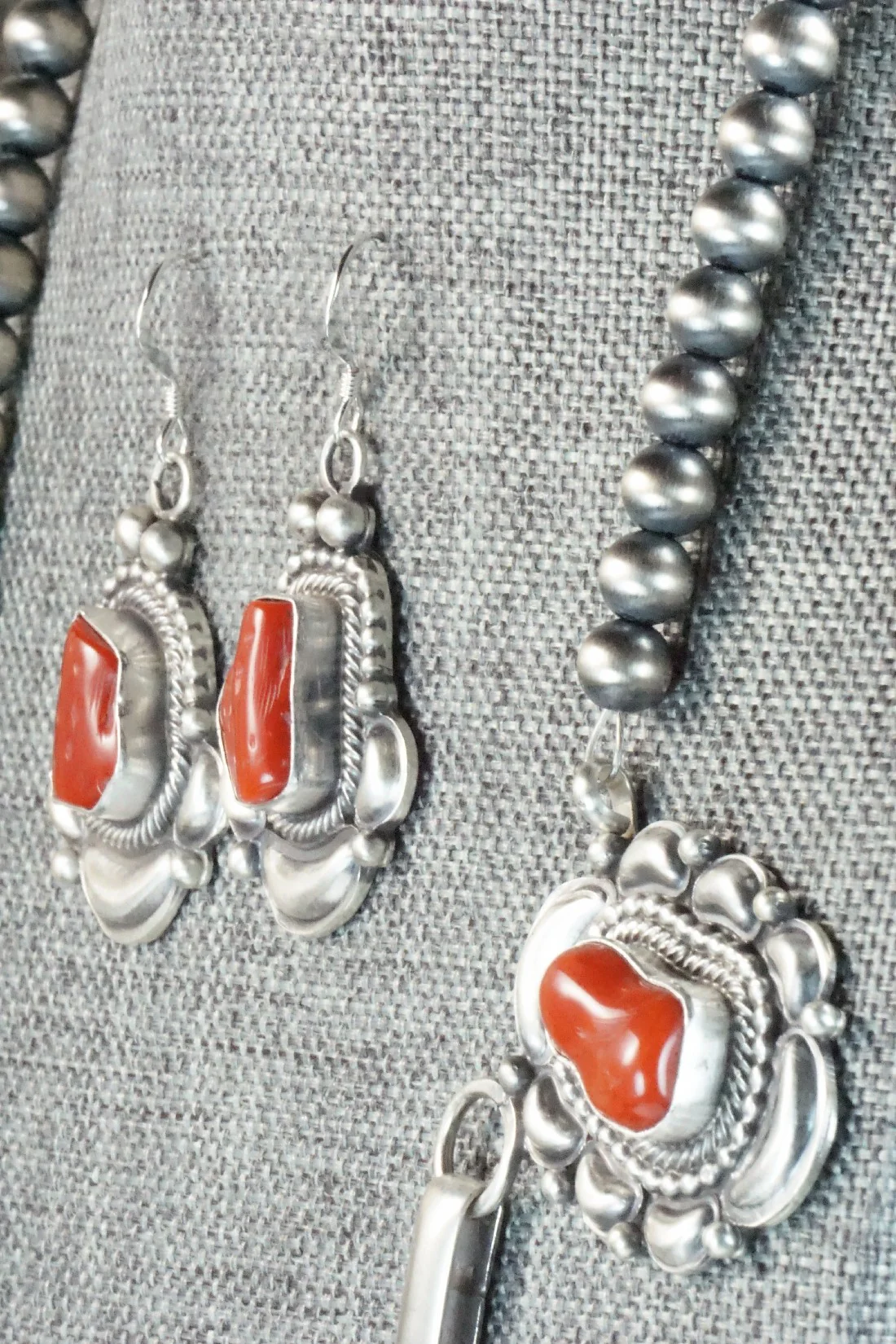 Turquoise, Coral & Sterling Silver Necklace and Earrings Set - Tom Lewis - Image 9