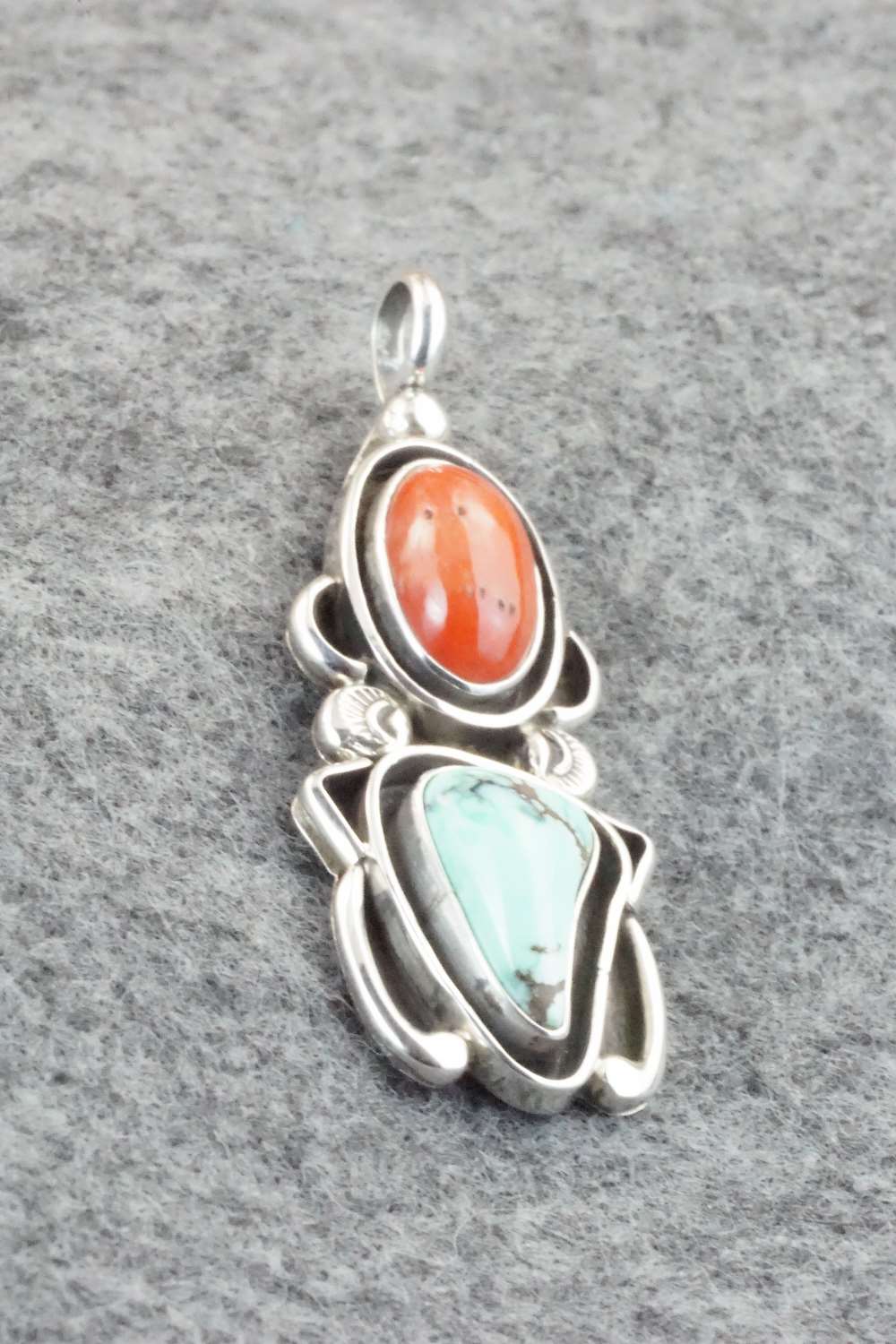 Turquoise, Coral & Sterling Silver Pendant - Roger Lewis - Image 3