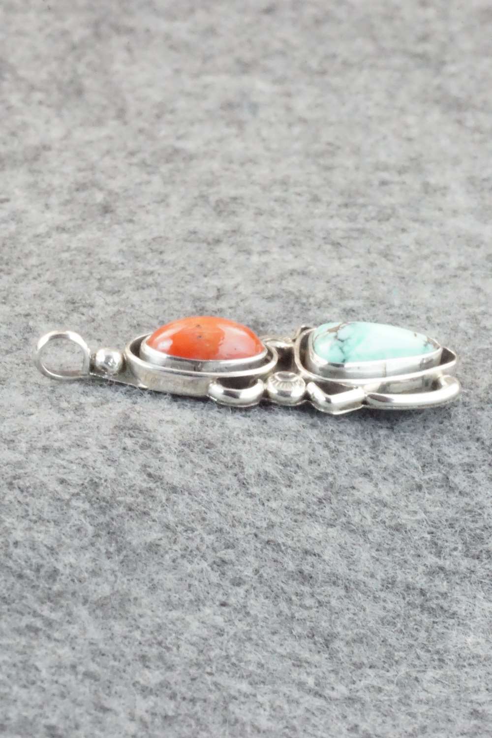 Turquoise, Coral & Sterling Silver Pendant - Roger Lewis - Image 4