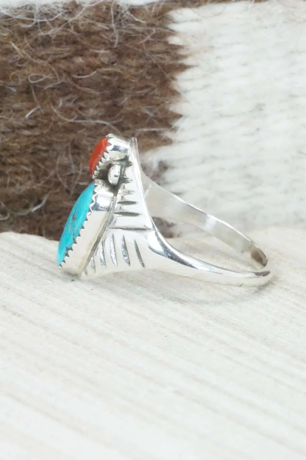 Turquoise, Coral & Sterling Silver Ring - Pauline Nelson - Size 12.75 - Image 3