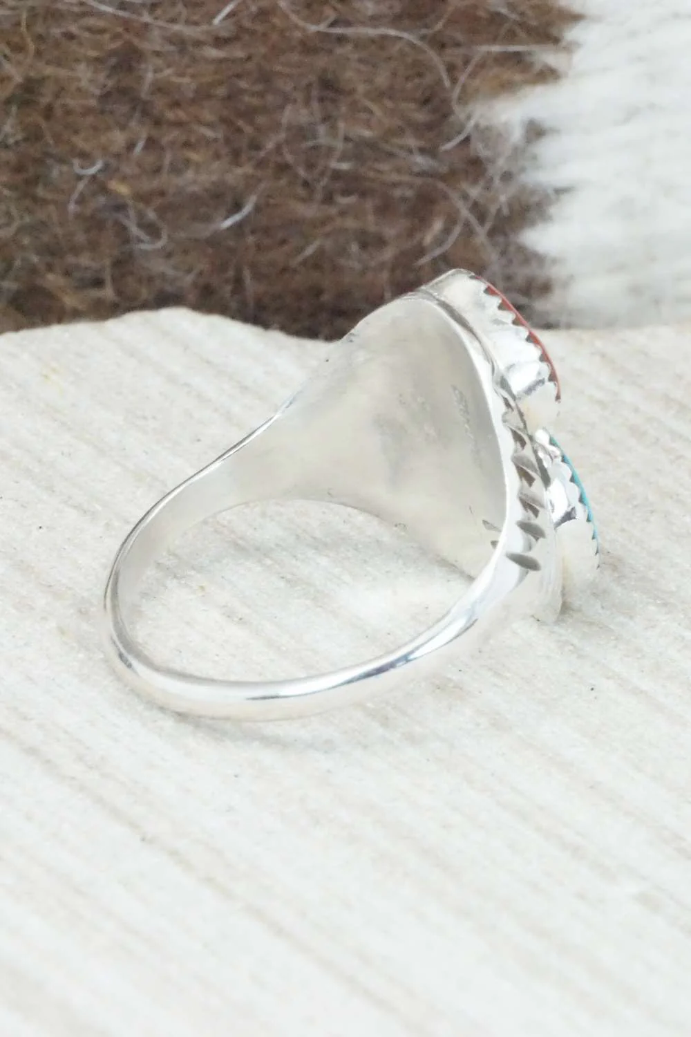 Turquoise, Coral & Sterling Silver Ring - Pauline Nelson - Size 12.75 - Image 6