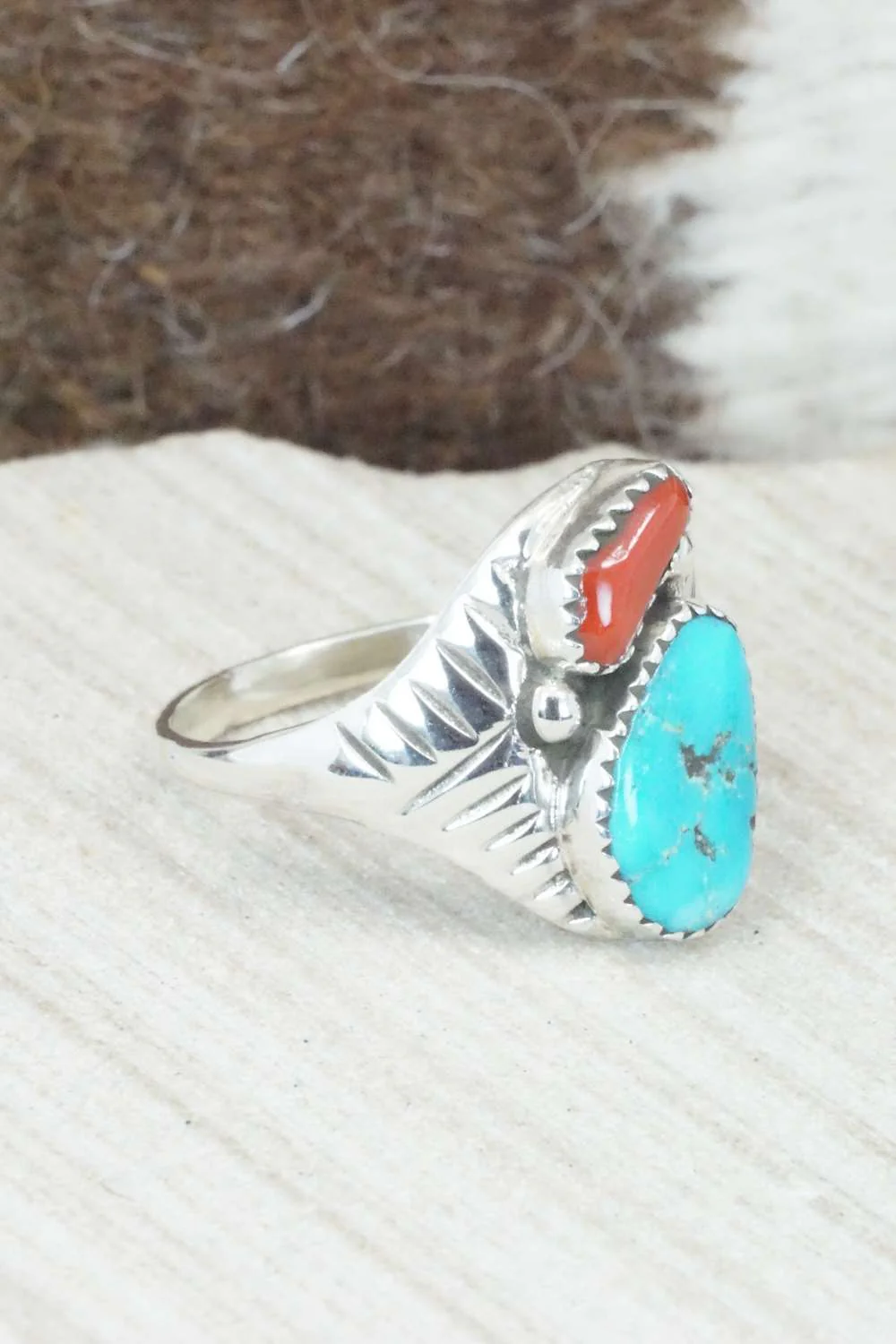 Turquoise, Coral & Sterling Silver Ring - Pauline Nelson - Size 12.75 - Image 7