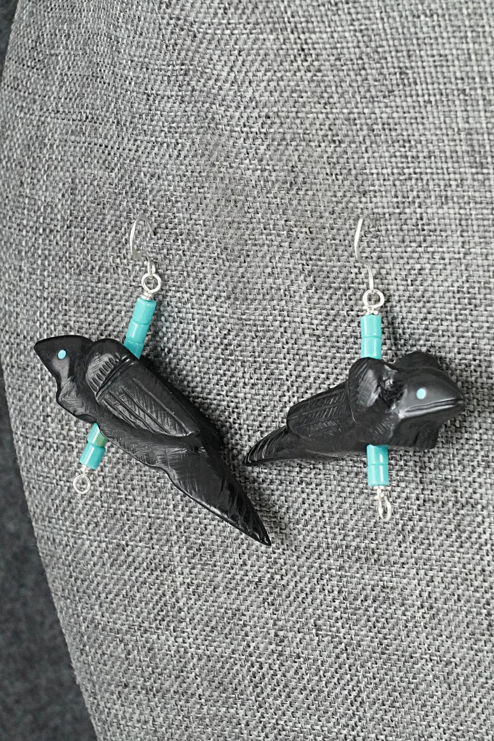 Turquoise, Jet Zuni Fetish & Sterling Silver Earrings - Herbert Halate - Image 4