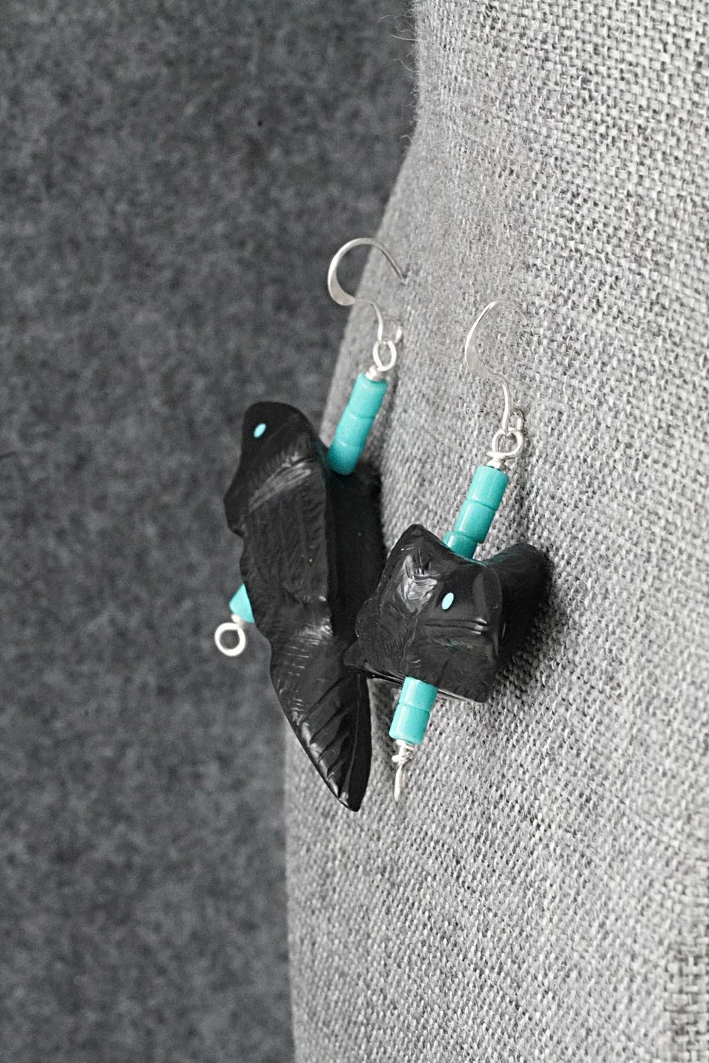Turquoise, Jet Zuni Fetish & Sterling Silver Earrings - Herbert Halate - Image 5