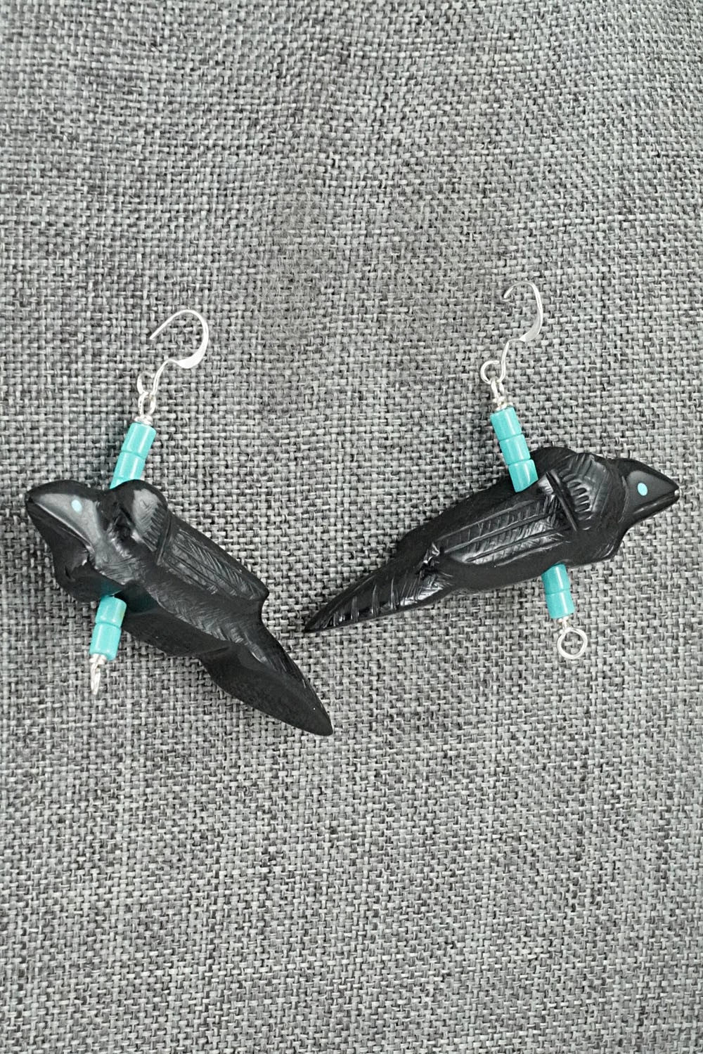 Turquoise, Jet Zuni Fetish & Sterling Silver Earrings - Herbert Halate - Image 6