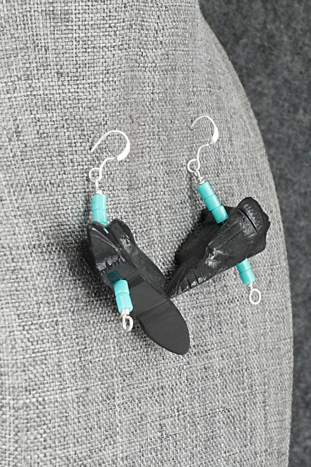 Turquoise, Jet Zuni Fetish & Sterling Silver Earrings - Herbert Halate - Image 7