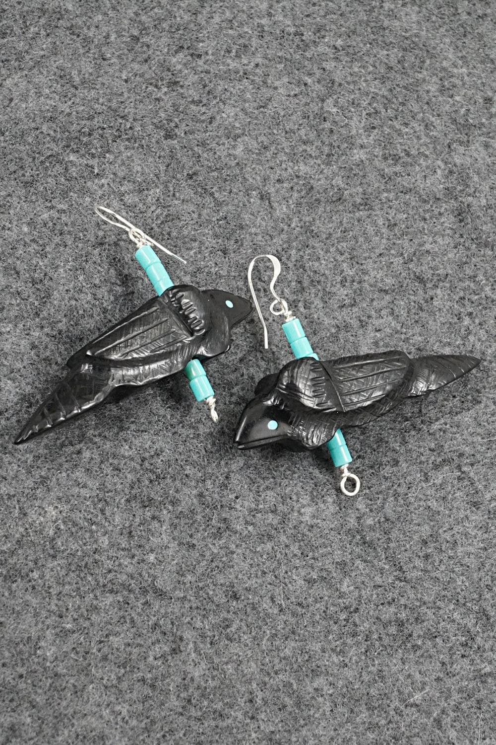 Turquoise, Jet Zuni Fetish & Sterling Silver Earrings - Herbert Halate - Image 8