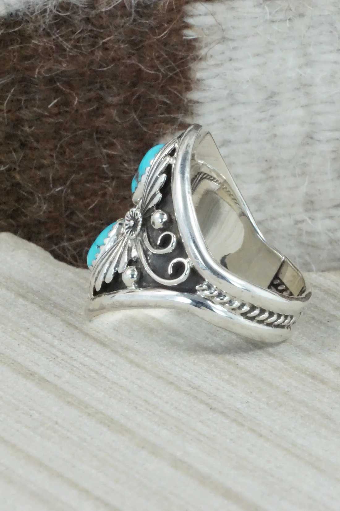 Turquoise & Sterling Silver Ring - Calvin Belin - Size 14.25 - Image 3