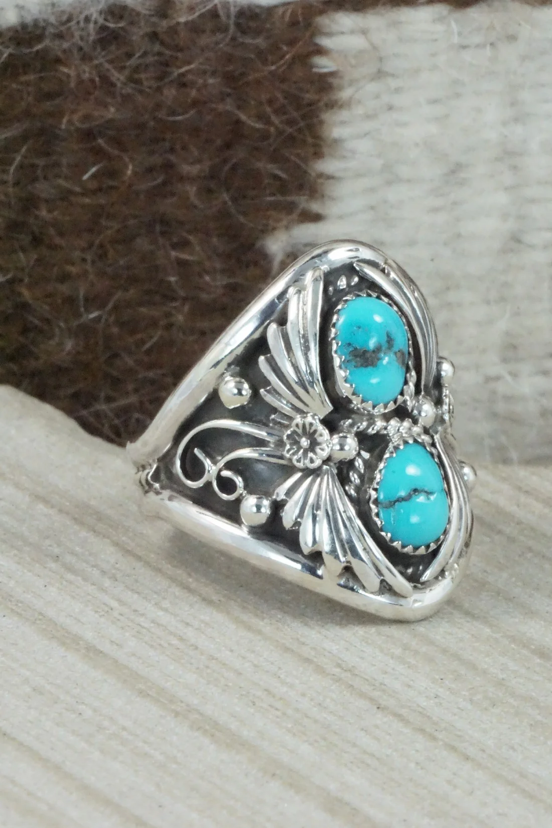 Turquoise & Sterling Silver Ring - Calvin Belin - Size 14.25 - Image 7
